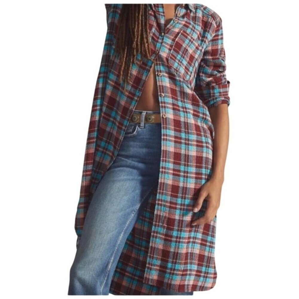 Anthropologie Pilcro Longline Plaid Button Down Shirt Medium Tunic Long Sleeve